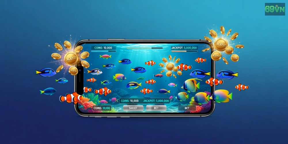 Minh họa giao diện trò chơi bắn cá nổ hũ 69vn với hiệu ứng nổ jackpot sống động