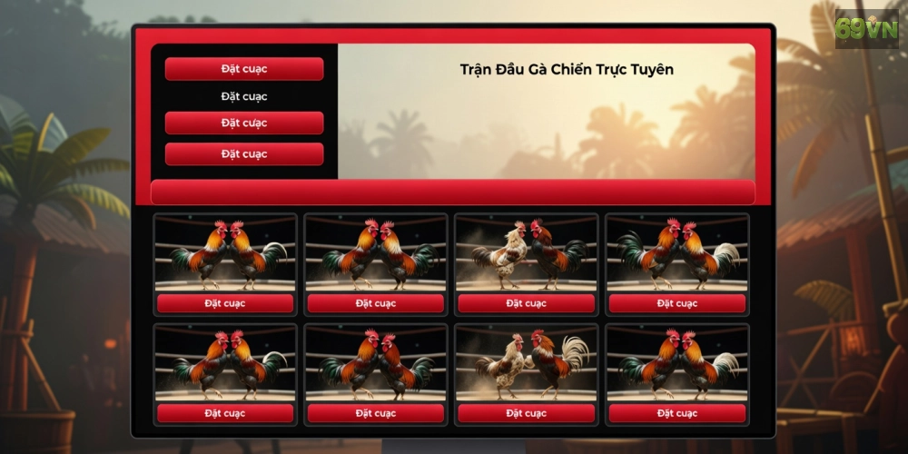 Minh họa khái niệm đá gà trực tuyến 69vn với giao diện hiện đại và hình ảnh trận đấu sống động